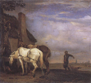 Two Drafthorses in Front of a Cottage (mk05)